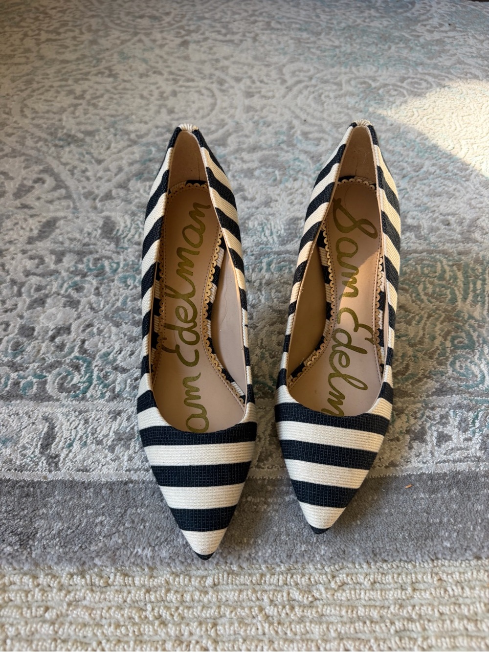 Sam Edelman Hazel Black and White Striped Pointed Toe Flats
